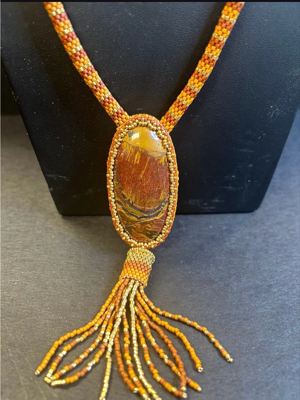 Handcrafted Rare Marra Mamba Cabochon Beaded Pendant Necklace with Tassel